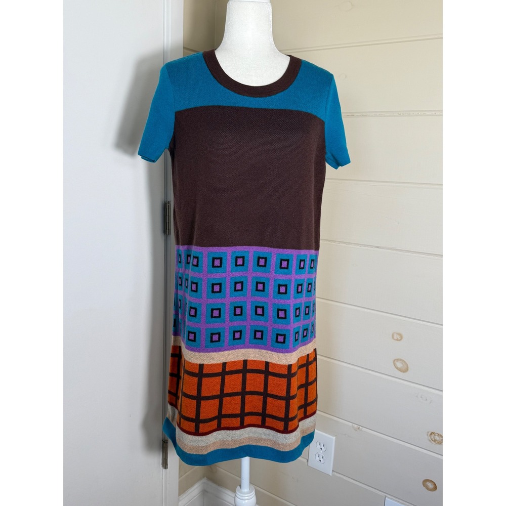Kate Spade Wool Cashmere Knit Dress Brown Blue Orange Geometric Mod Shift M